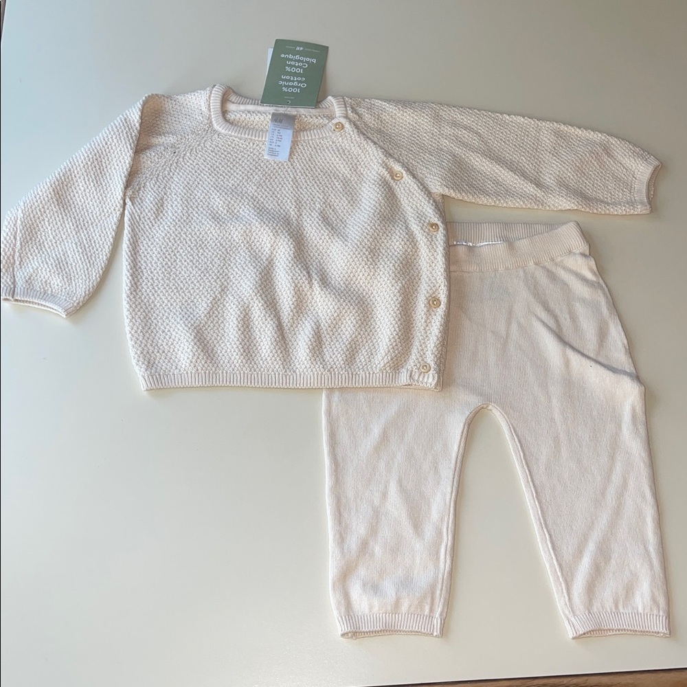 H&M Baby Organic Cotton Knit Sweater & Pant Set in Cream